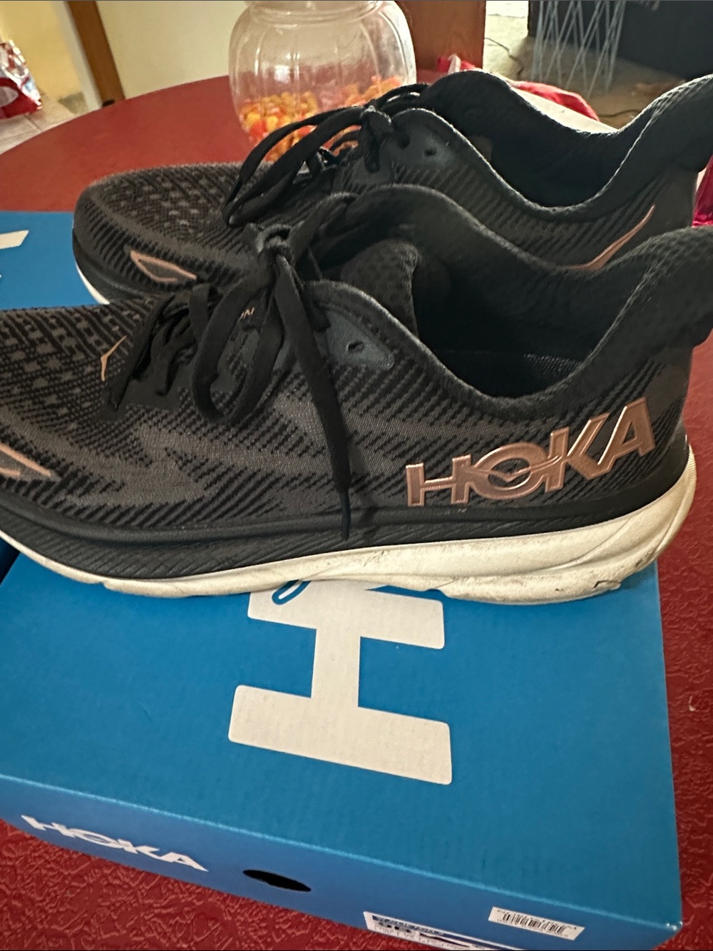 Hoka women’s Black Running Shoes with Rose Gold HOKA Logo Clifton 9B